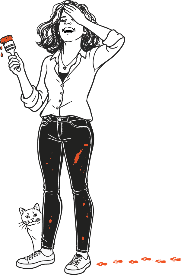 Sara Polon, paintbrush in hand, cat at her feet